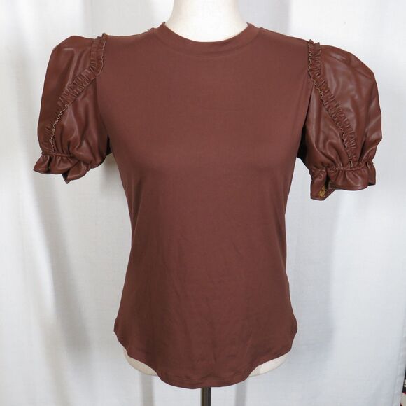 G by Giuliana G-Knit Top with Ruffled Faux Leather Sleeves Brown Size Medium - Picture 6 of 9